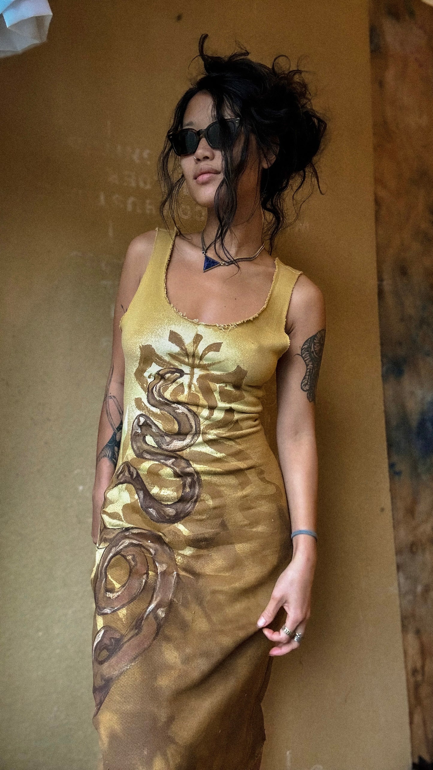 New~ Small/medium Snake Dress- hand painted- Organic Cotton French Terry - Light weight - Warm Cozy- Dead stock fabric -regenerative Handcrafted fashion- Integration Zhinh Collection