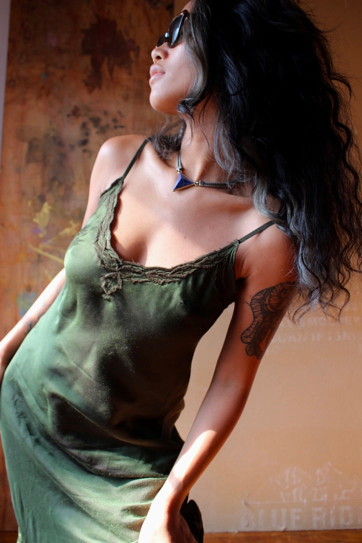 Green Shiso Leaf Silk Embroidered Bias silk Dress- Heart crafted  in Hanoi Vietnam