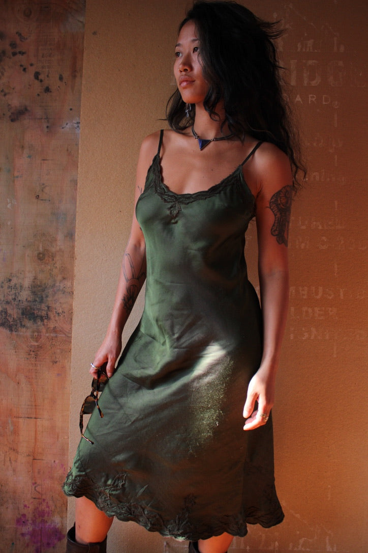 1 XS and Medium - Midi Shiso Green Embroidered Silk Bias Dress - Ready to Ship