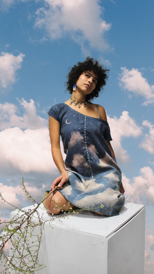 SMALL - Blue Skies Linen Dress - Hand embroidered center front