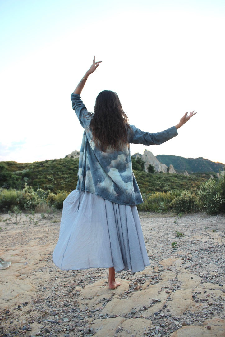 S/M Organic Aloe Vera Agricultural Waste- Cloudy Blue skies Wrap Top