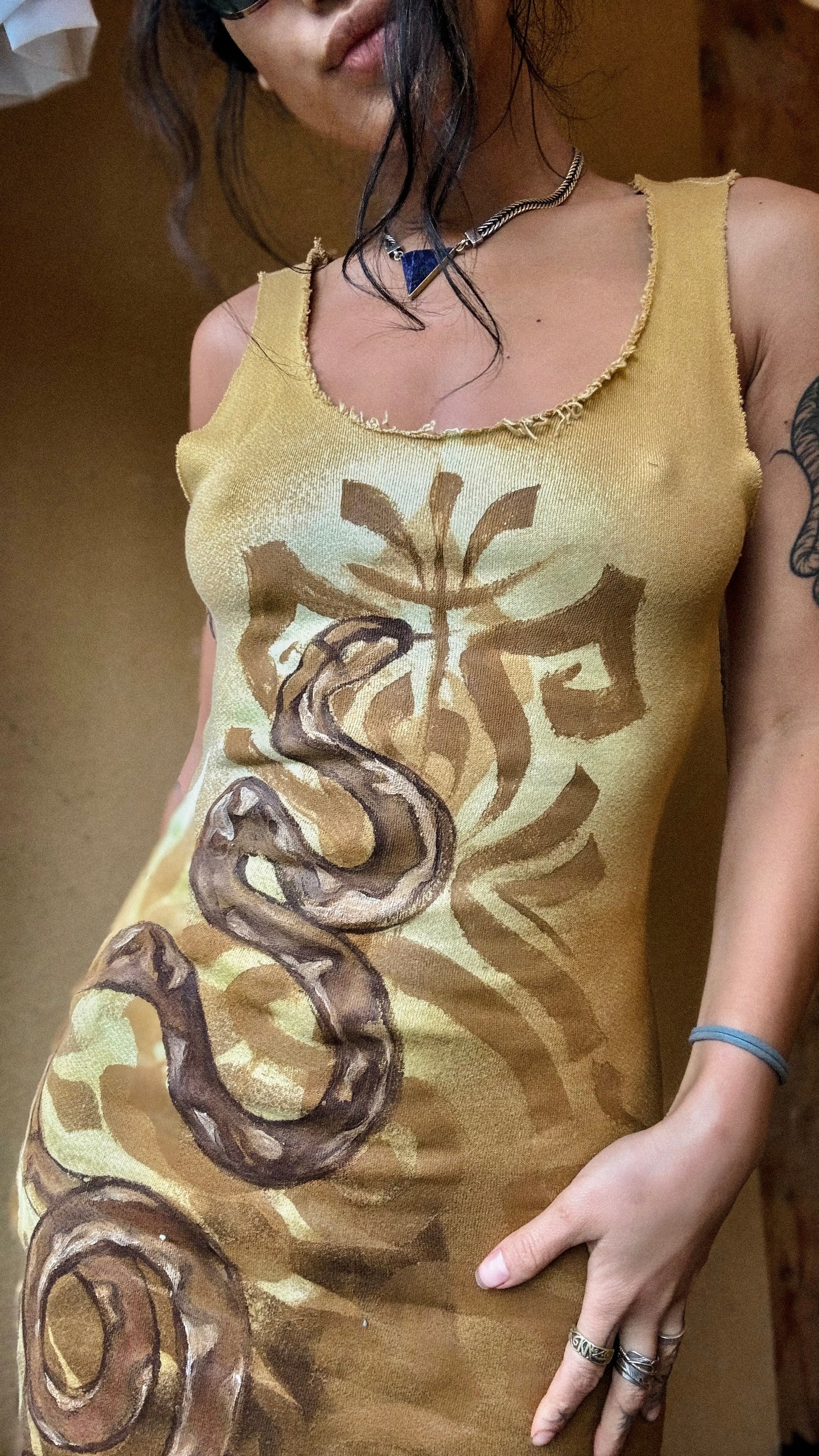 New~ Small/medium Snake Dress- hand painted- Organic Cotton French Terry - Light weight - Warm Cozy- Dead stock fabric -regenerative Handcrafted fashion- Integration Zhinh Collection