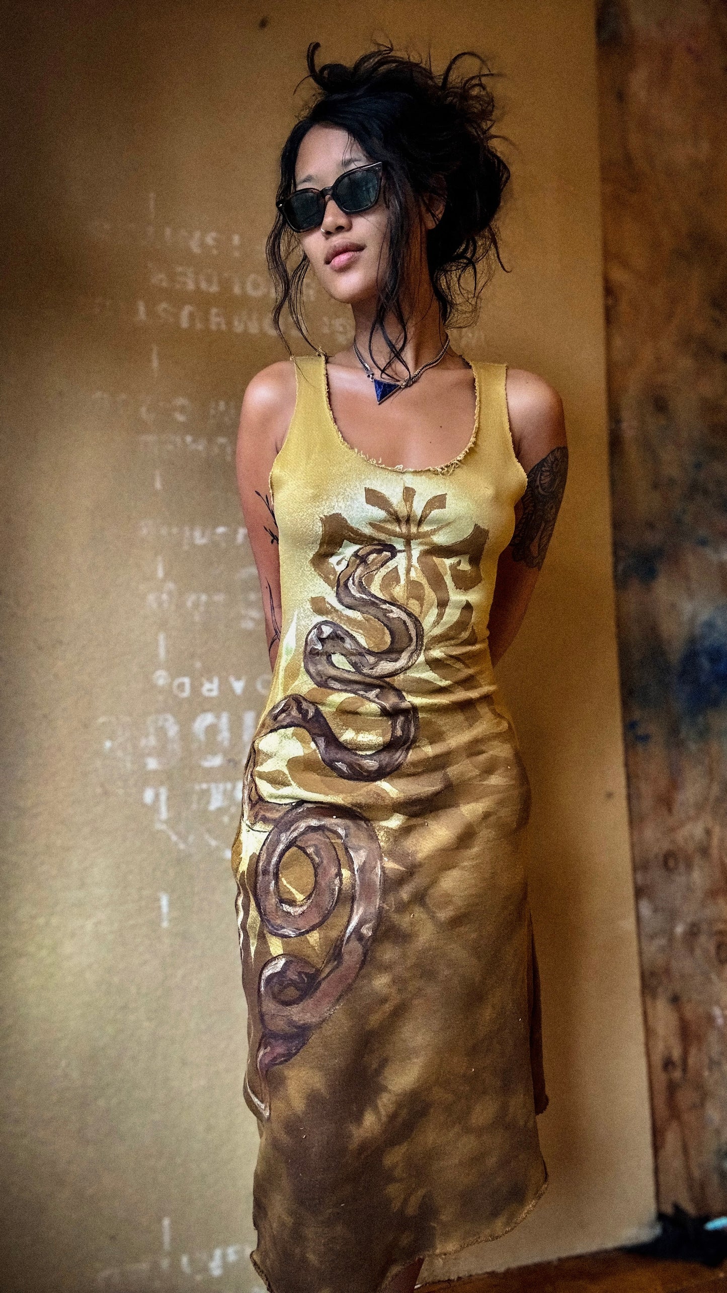 New~ Small/medium Snake Dress- hand painted- Organic Cotton French Terry - Light weight - Warm Cozy- Dead stock fabric -regenerative Handcrafted fashion- Integration Zhinh Collection