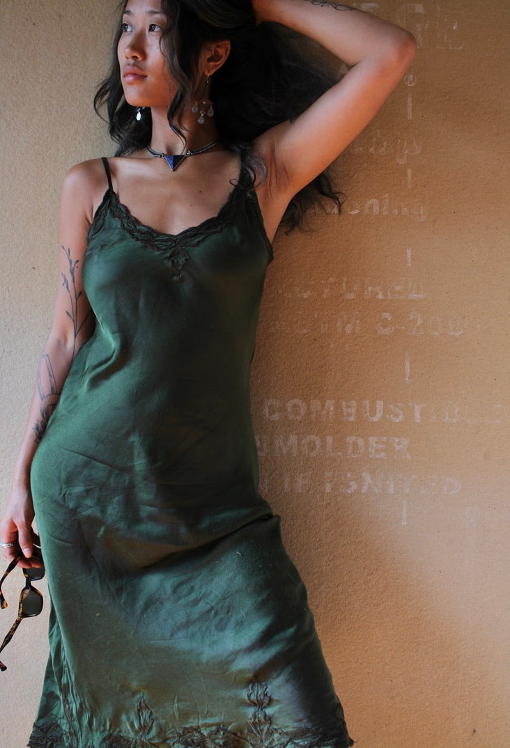 Green Shiso Leaf Silk Embroidered Bias silk Dress- Heart crafted  in Hanoi Vietnam