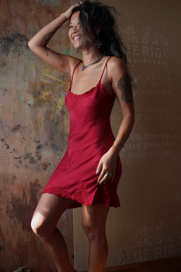 Red Rose Petal- Embroidered Silk Bias Dress - Ready to Ship - Mini or Midi