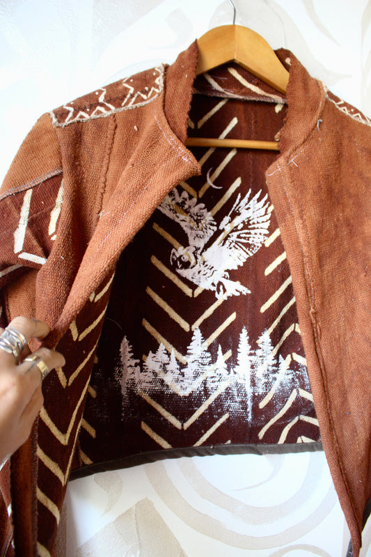 Small/Medium- Mudcloth Cadet Jacket 12- Terracotta Owl Lining - Forest Lining