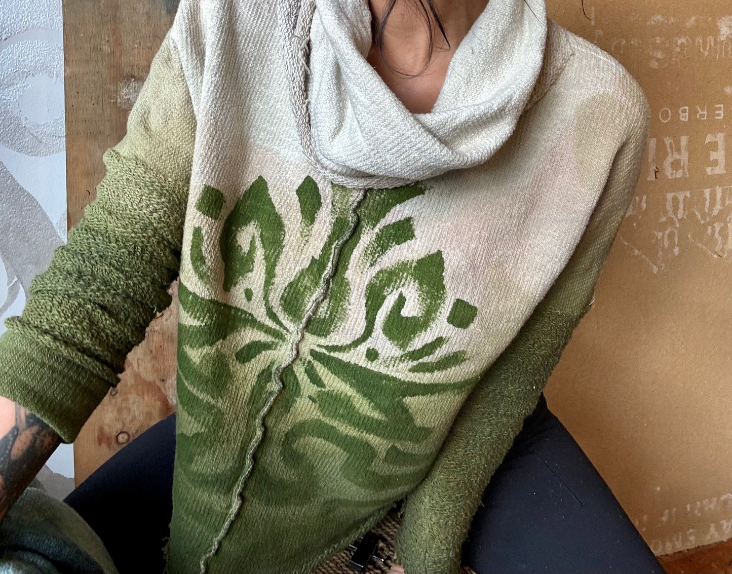 RTS Small- Emerald Pathways Cowl neck Long Sleeve sweater- Organic Italian Cotton French Terry - Thick warm weight - Warm Cozy- Dead stock fabric -regenerative Handcrafted fashion- Integration Zhinh Collection