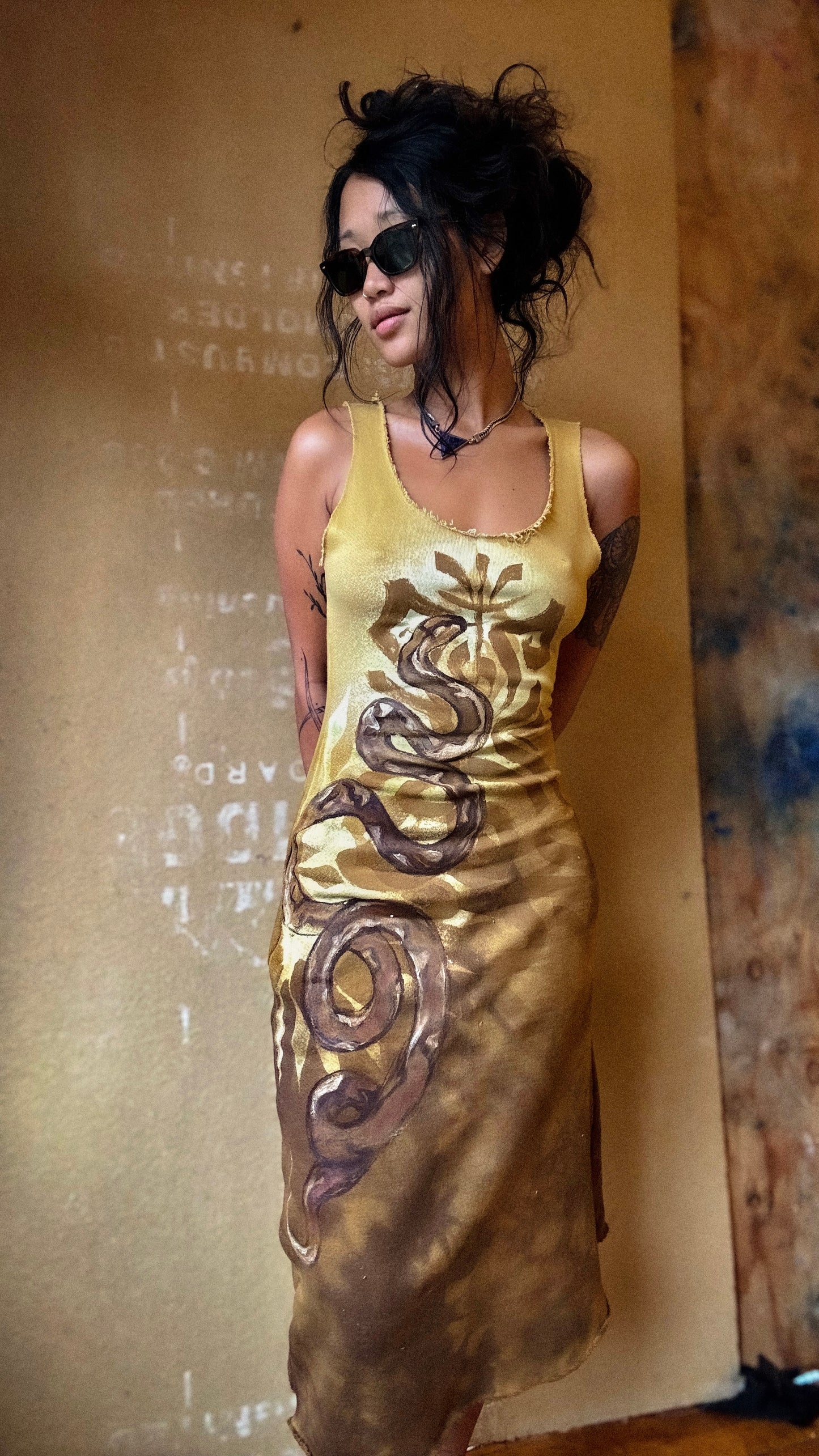 New~ Small/medium Snake Dress- hand painted- Organic Cotton French Terry - Light weight - Warm Cozy- Dead stock fabric -regenerative Handcrafted fashion- Integration Zhinh Collection