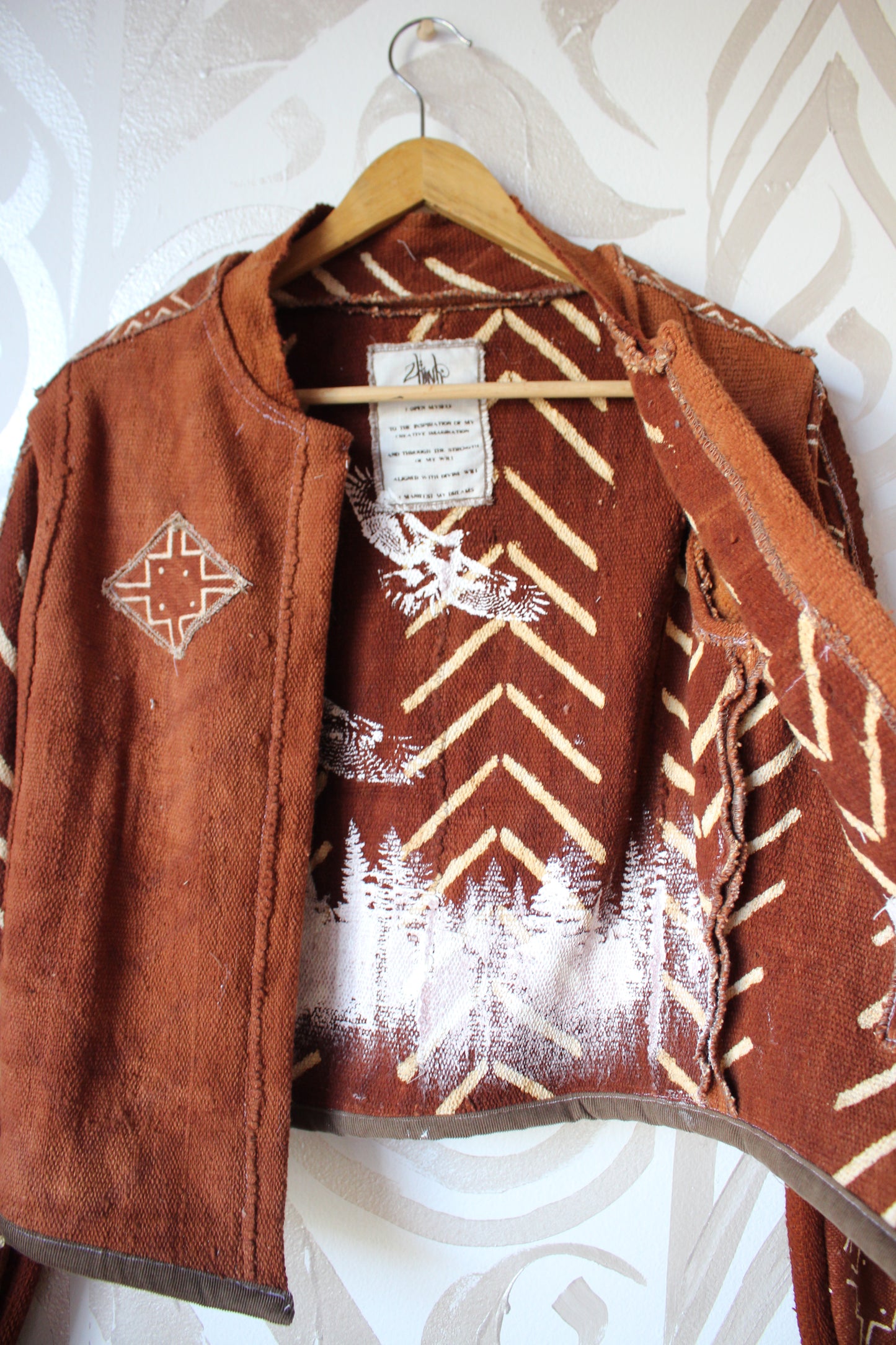 S/M Mudcloth Cadet Jacket 10- Terracotta Hawk- Mis Match Sleeves- Forest/Hawk Painting Lining