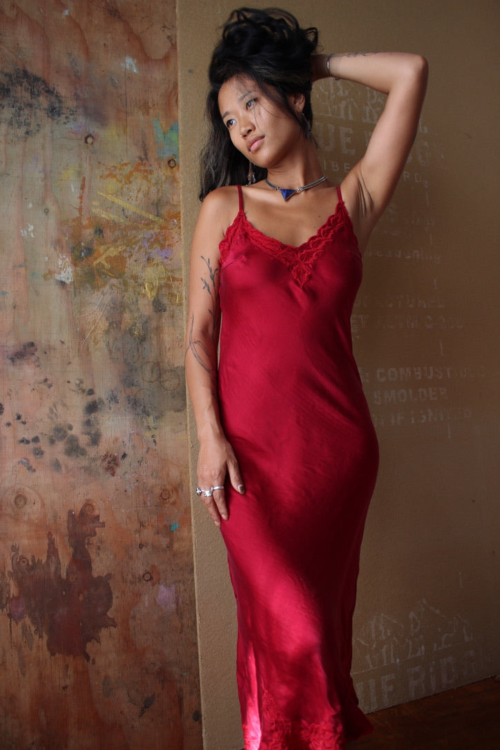 Red Rose Petal- Embroidered Silk Bias Dress - Ready to Ship - Mini or Midi