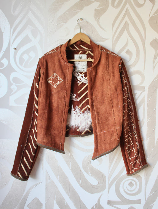 S/M Mudcloth Cadet Jacket 10- Terracotta Hawk- Mis Match Sleeves- Forest/Hawk Painting Lining