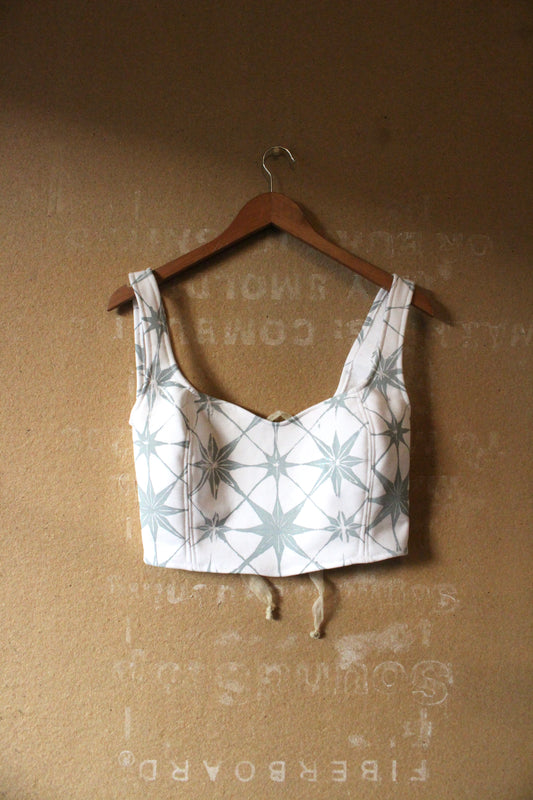 New! 1 Small & 1 Medium - Corset Cropped Top - Morroccan Tiles - Septagram Stars -Screen Printed-  Tie back adjustable- Thick Cotton French Terry- Deadstock fabric- Regenerative Clothing