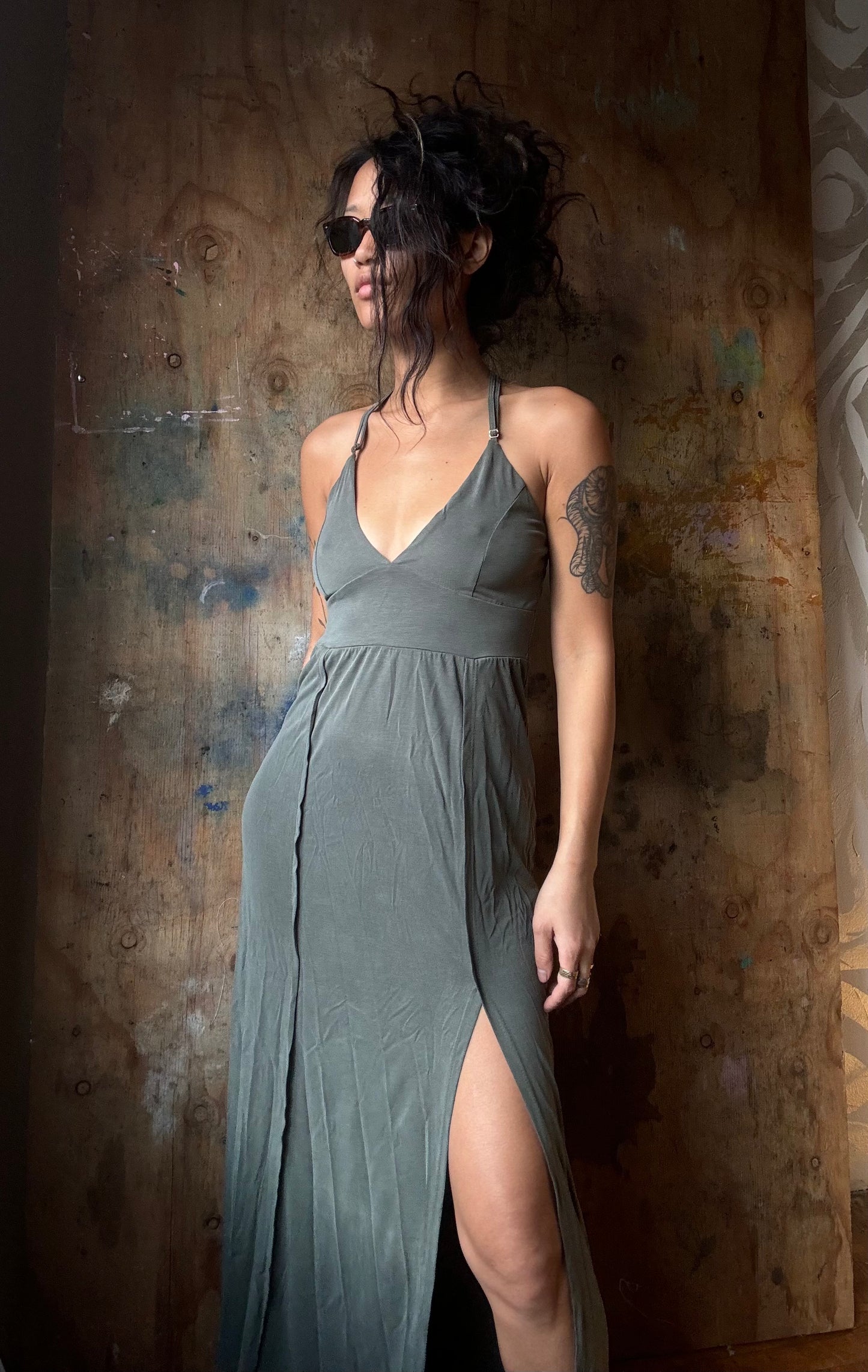 S/M or L/XL - Casual Frost Dress -Dead stock Bamboo Dress - one slit - stretchy/soft - Regenerative fashion