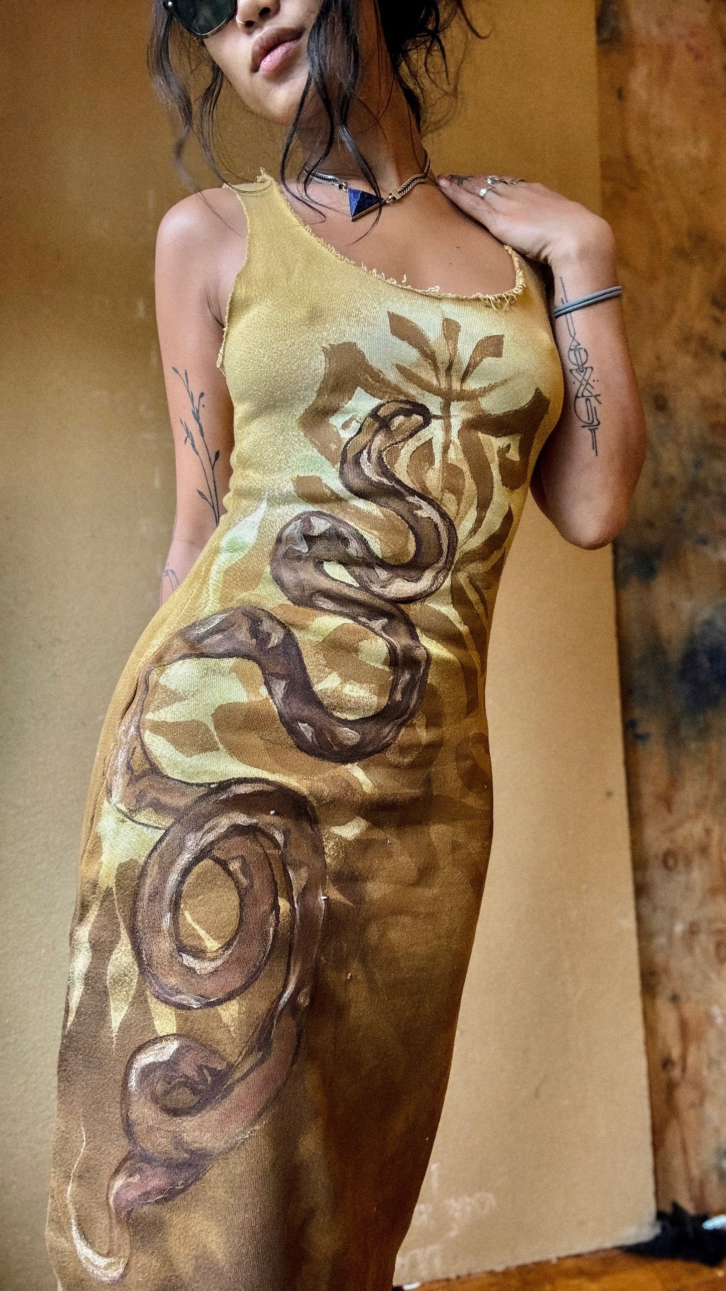 New~ Small/medium Snake Dress- hand painted- Organic Cotton French Terry - Light weight - Warm Cozy- Dead stock fabric -regenerative Handcrafted fashion- Integration Zhinh Collection