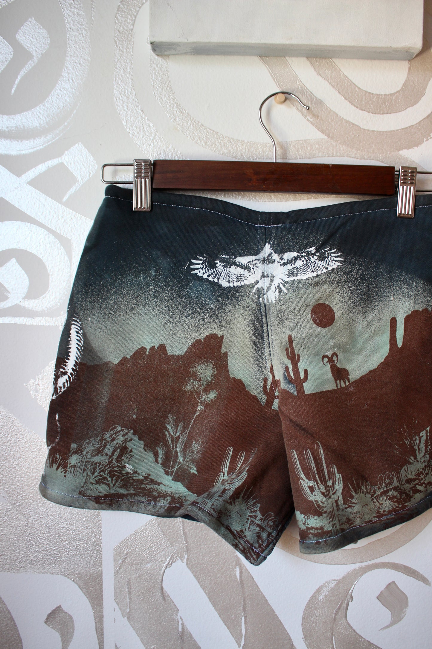 MEDIUM-  Desert Sweat Shorts 5 - Hand embroidered details, Screen printed, Hand dyed- One of a kind