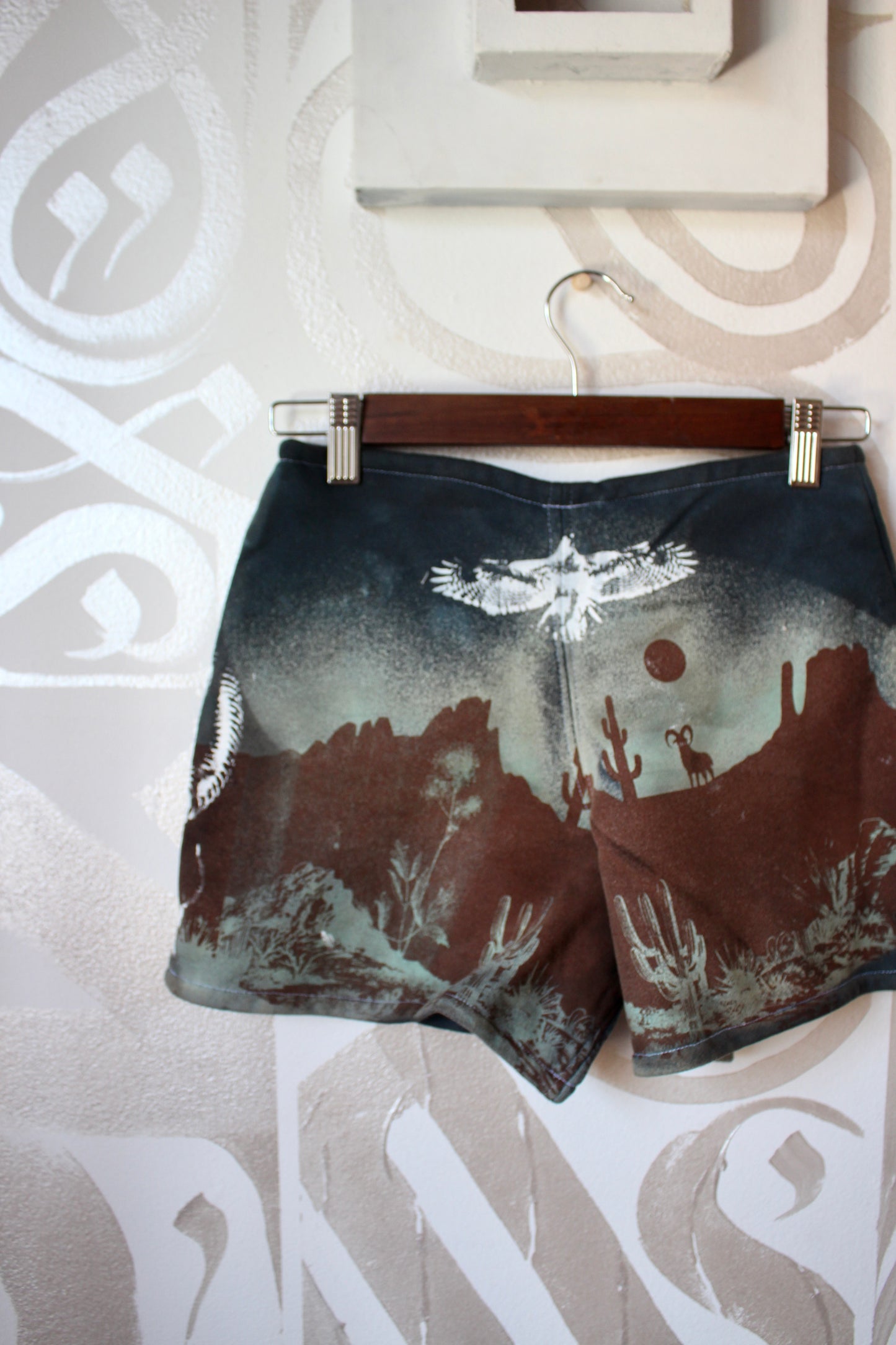 MEDIUM-  Desert Sweat Shorts 5 - Hand embroidered details, Screen printed, Hand dyed- One of a kind