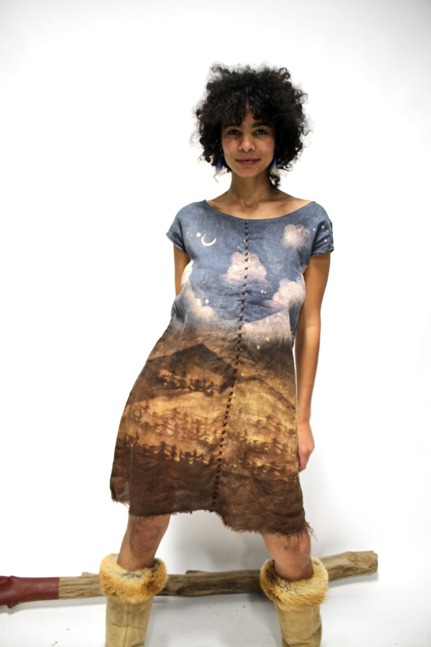 SMALL - "Too Low to find my way, Too high to wonder why" Organic Linen Dress - Hand embroidered center front