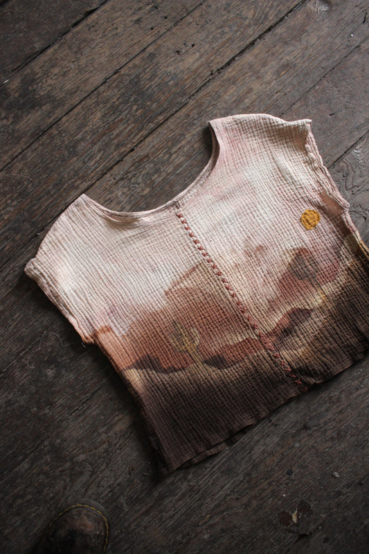 SMALL - Organic Cotton Gauze OG Zhinh Plant dyed Canyon Desert T-shirt- Hand embroidered center front