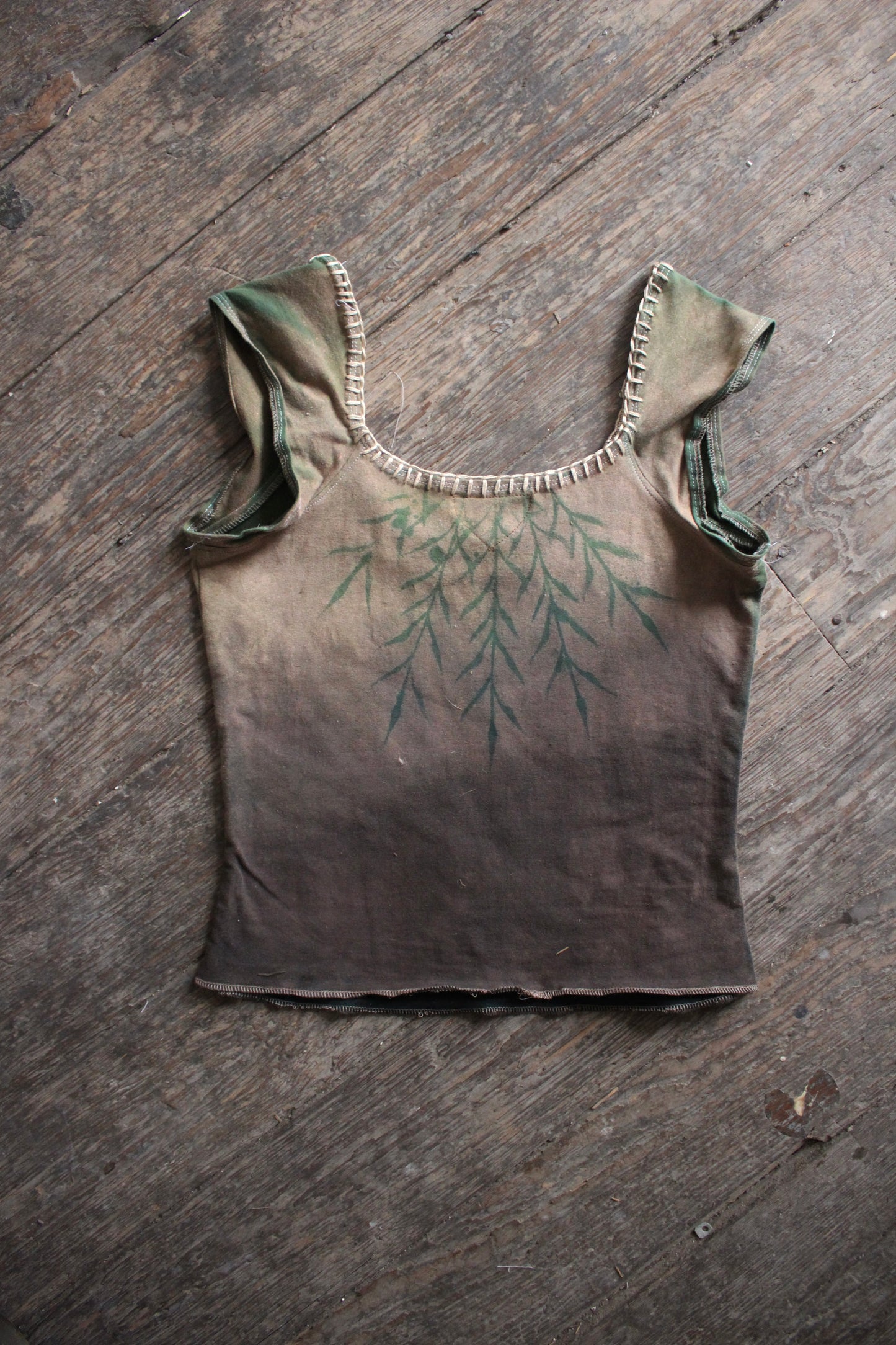 LARGE - Green Negative Effect Luna Dala Basket top - Hand embroidered neckline