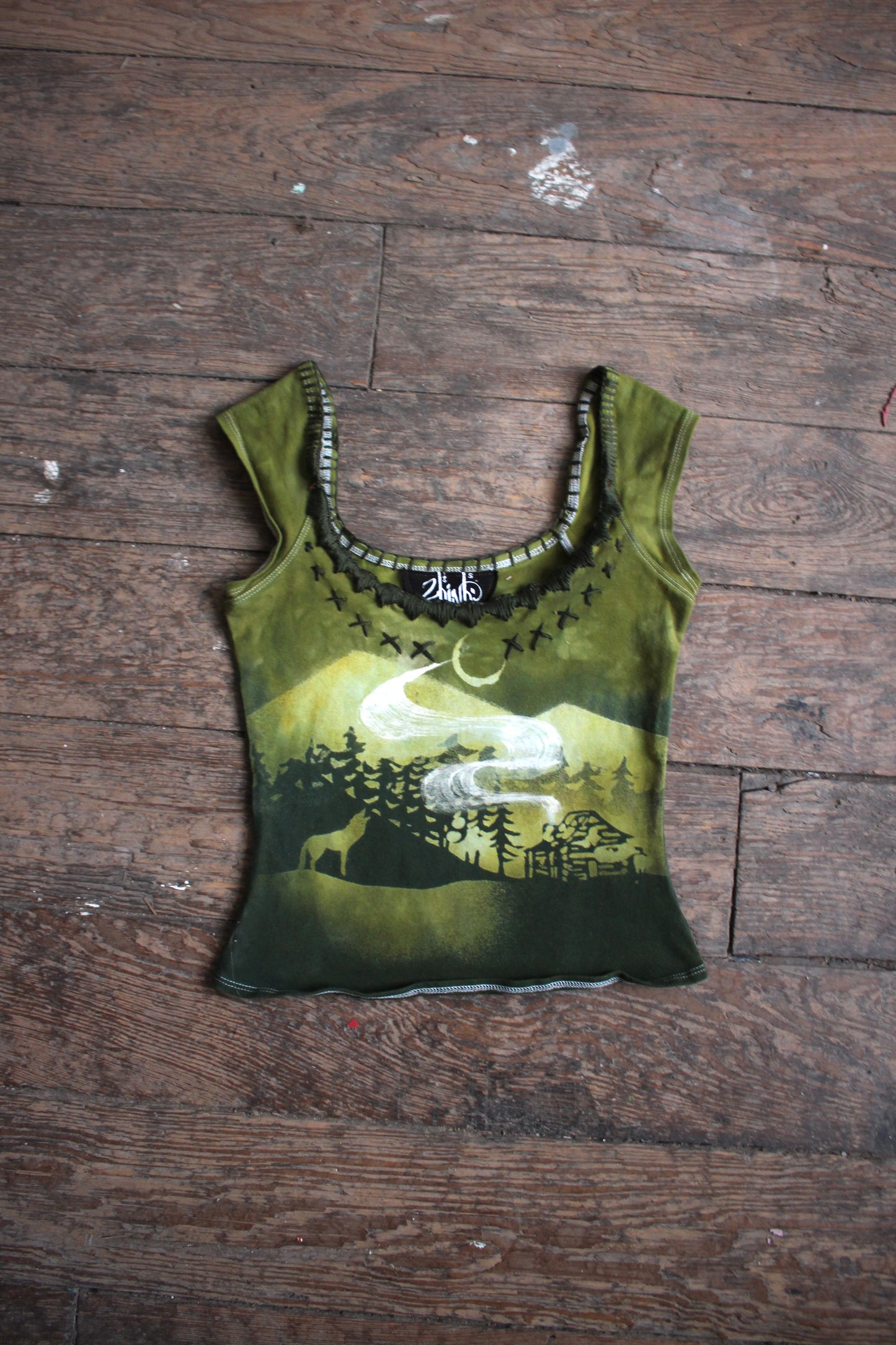 SMALL - Emerald Cabin in the Woods Basket top - Dark Green Hand embroidered neckline