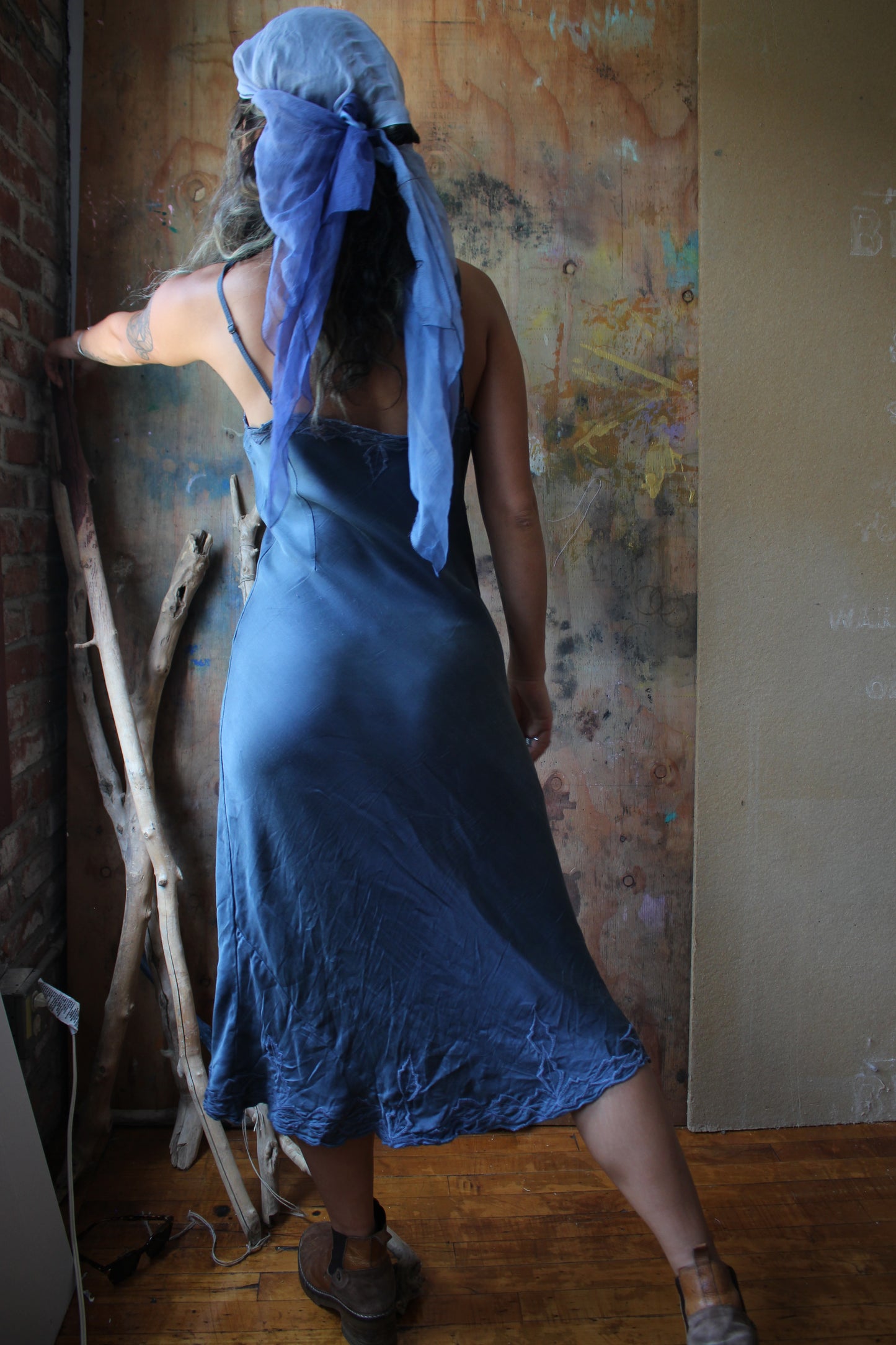 Made to Order- Blue Depths/Green Shiso Embroidered Silk Bias Dress- 3-4 weeks Mto-  Mini or Midi Handmade in Hanoi Vietnam