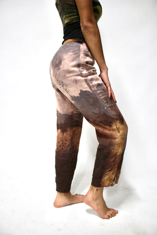 SMALL - Soft Desert Linen Pants - Side Invisible Zipper - Embroidered floral detailed sides - Lined