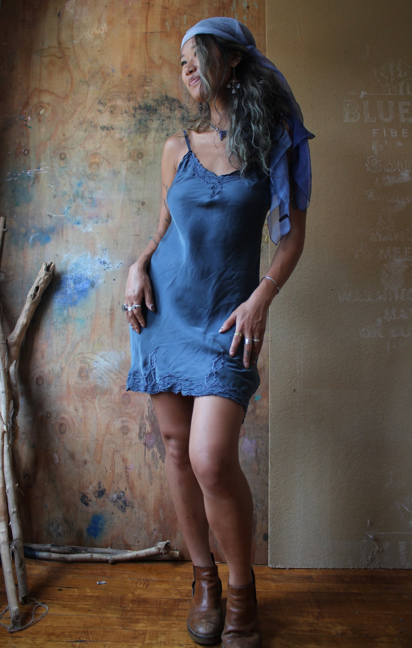 Small Mini Blue Depths Embroidered Silk Bias Dress