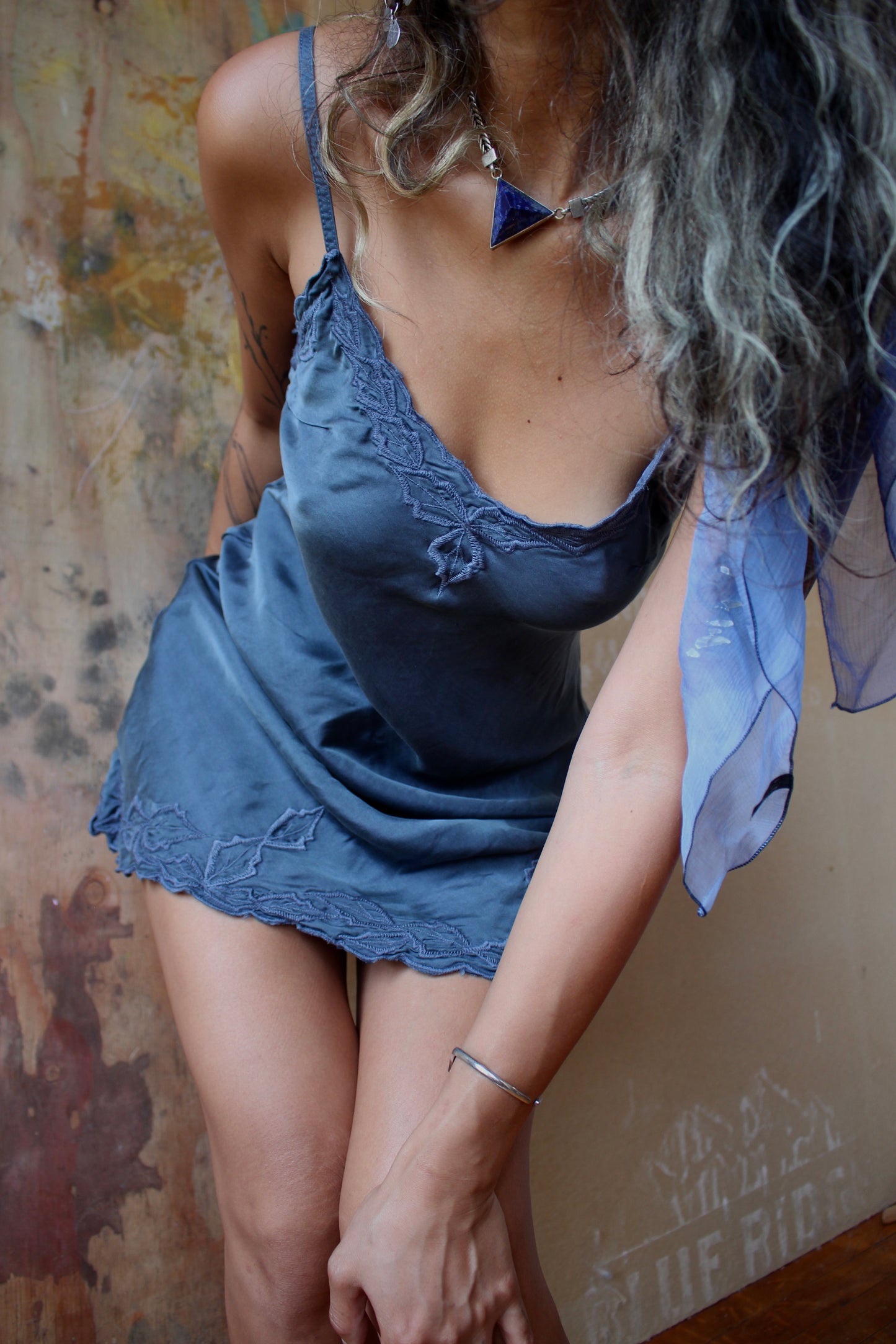 Small Mini Blue Depths Embroidered Silk Bias Dress