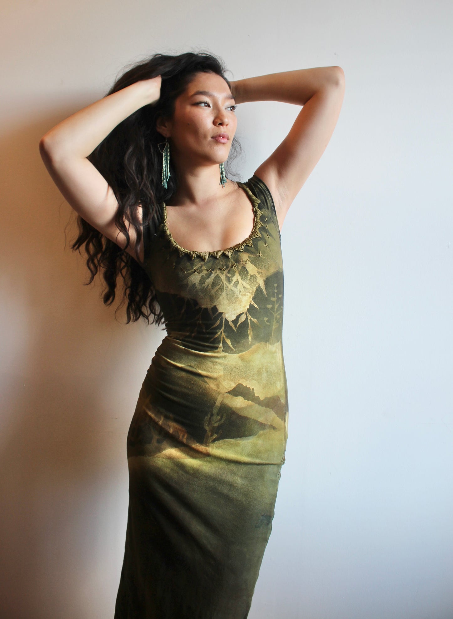 SMALL -Emerald Cactus Basket Dress - Hand Embroidered Neckline