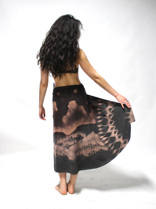 Dark Brown to Blue Forest Mountains Landscape Wrap Skirt - 100% Cotton