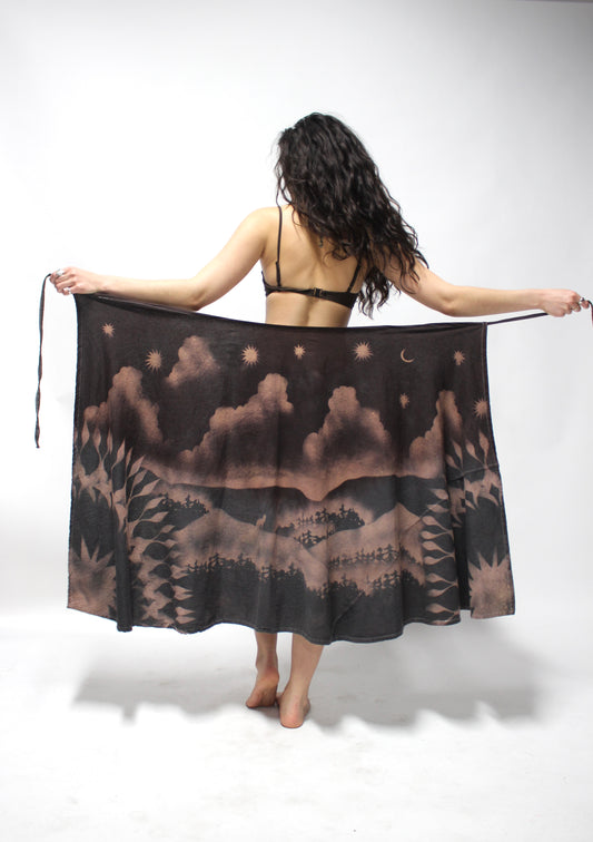 Dark Brown to Blue Forest Mountains Landscape Wrap Skirt - 100% Cotton