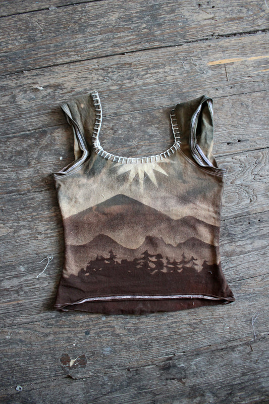 MEDIUM - Grand Risings over the Mountains - Organic Hemo/cotton Hand Embroidered Basket top