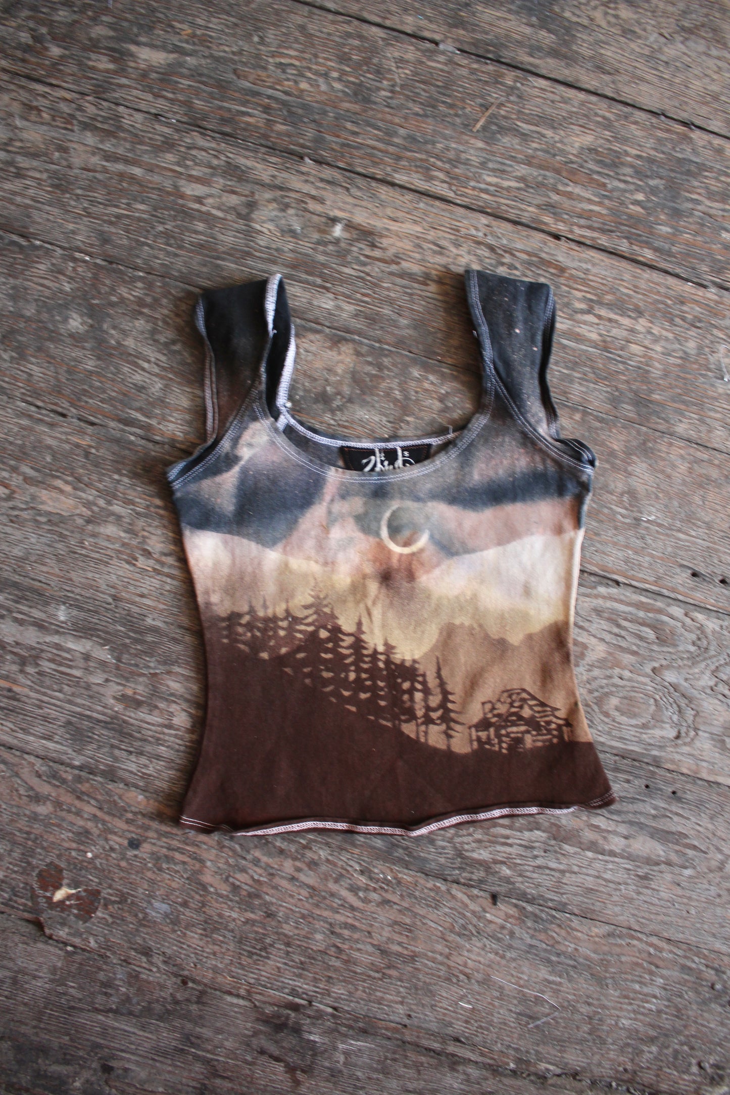 SMALL - Cabin in the Woods - Dark blue sky - Organic hemp/cotton basket top - not embroidered