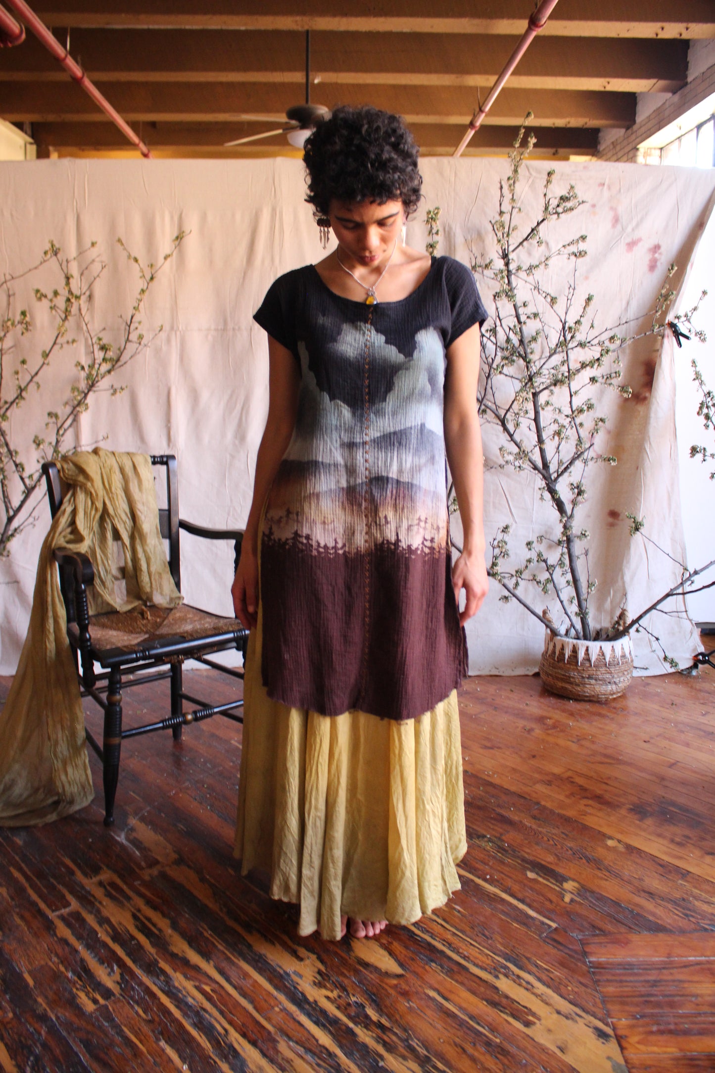 Small/Medium - Organic Cotton Gauze Tunic Dress - Blue dark sky to purple trees