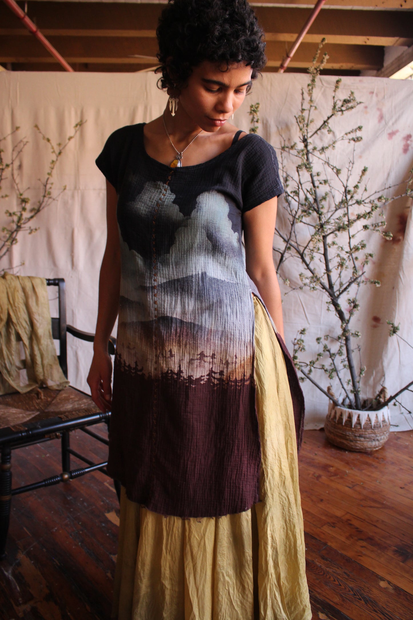 Small/Medium - Organic Cotton Gauze Tunic Dress - Blue dark sky to purple trees