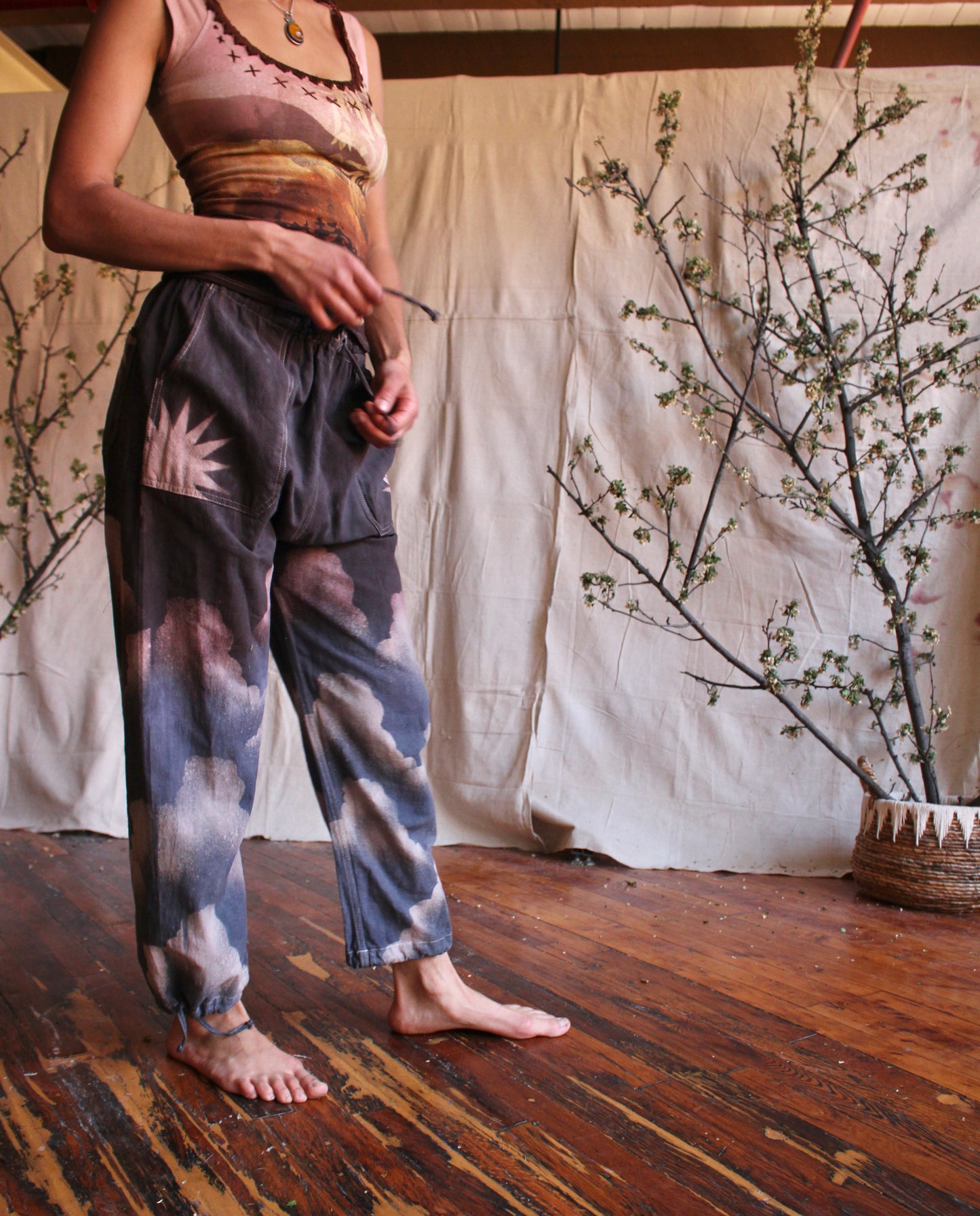 S/M -Blue Cloud Cotton Pants/Joggers - Cotton Flower Clothing Collaboration