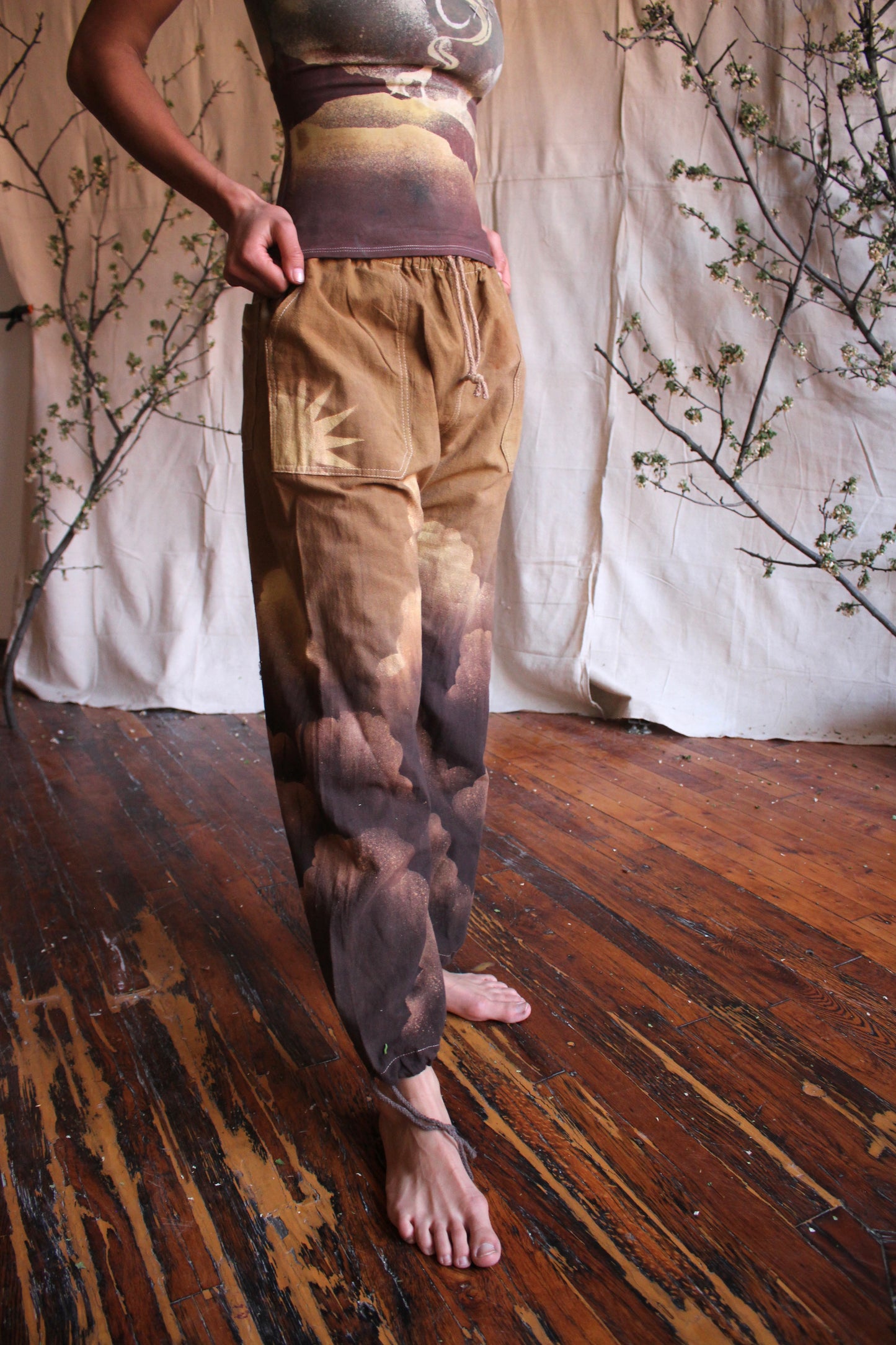 M/L- Tan Cloud Cotton Pants/Joggers - Cotton Flower Clothing Collaboration