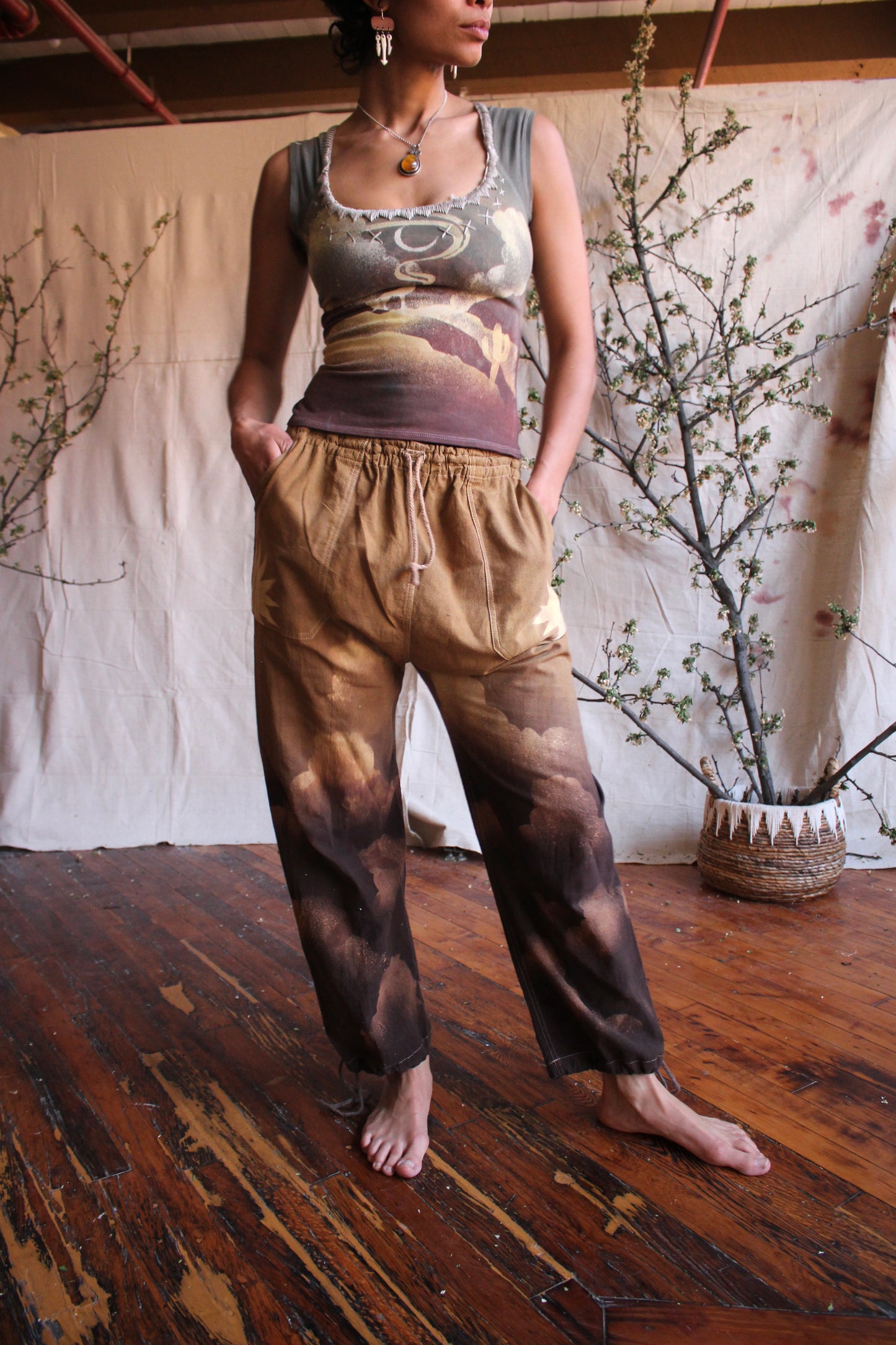 M/L- Tan Cloud Cotton Pants/Joggers - Cotton Flower Clothing Collaboration