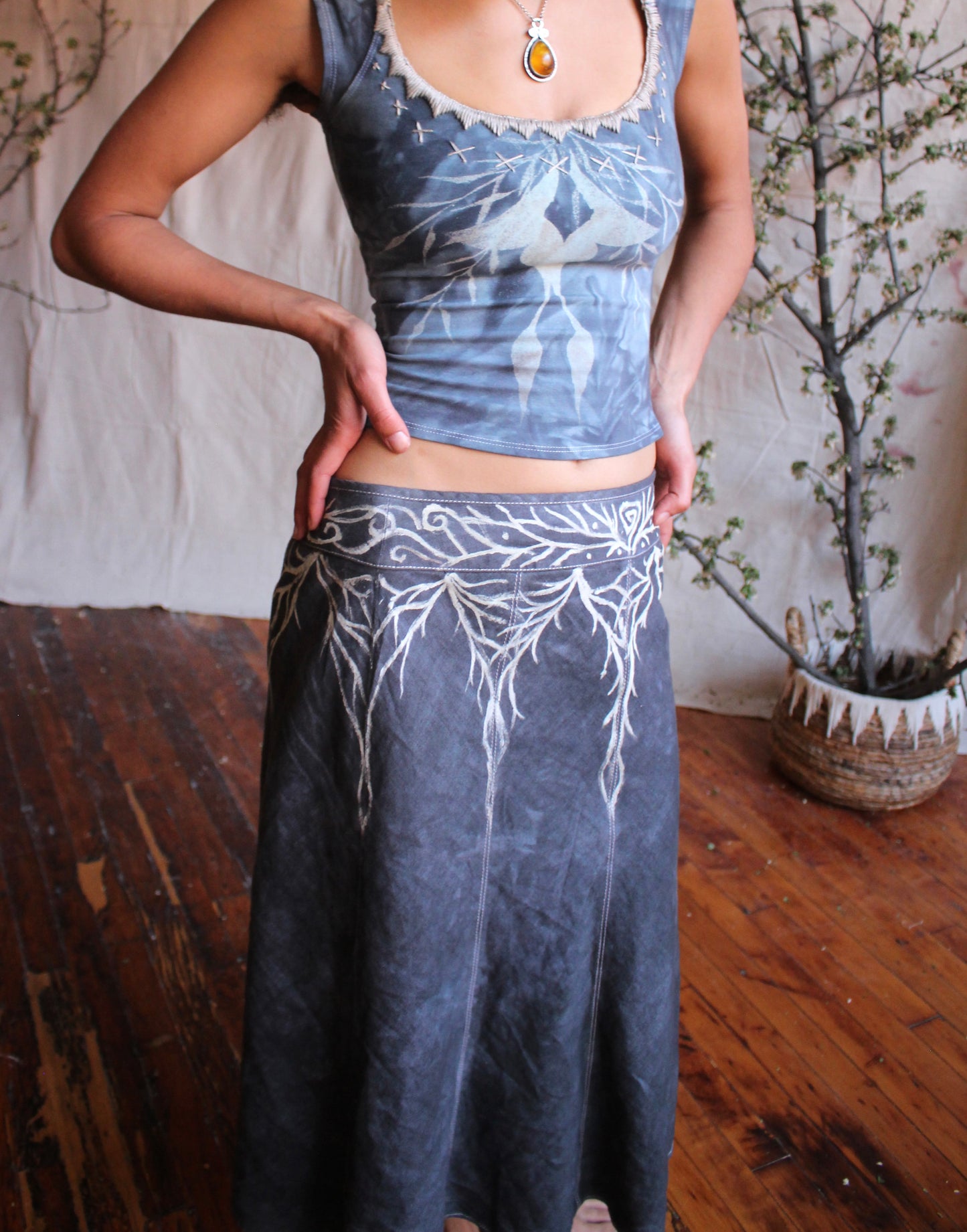 Cathedral of Branches Handpainted  Linen Skirt- Blue