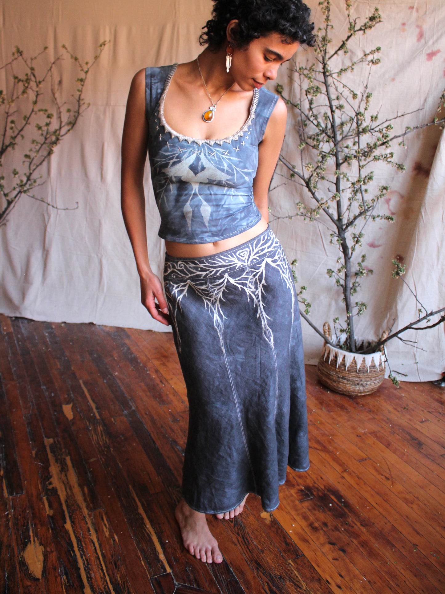 Cathedral of Branches Handpainted  Linen Skirt- Blue