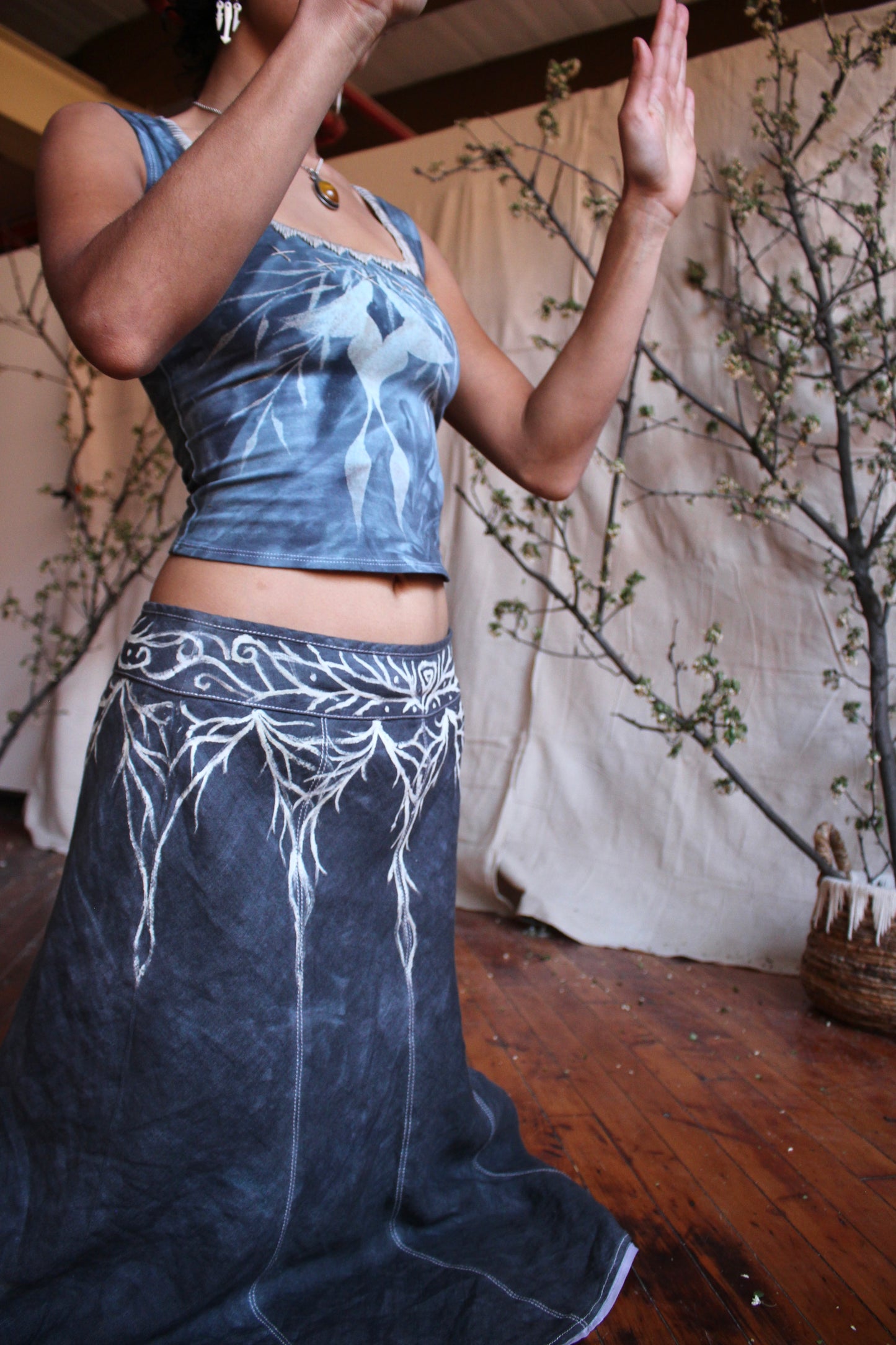 Cathedral of Branches Handpainted  Linen Skirt- Blue