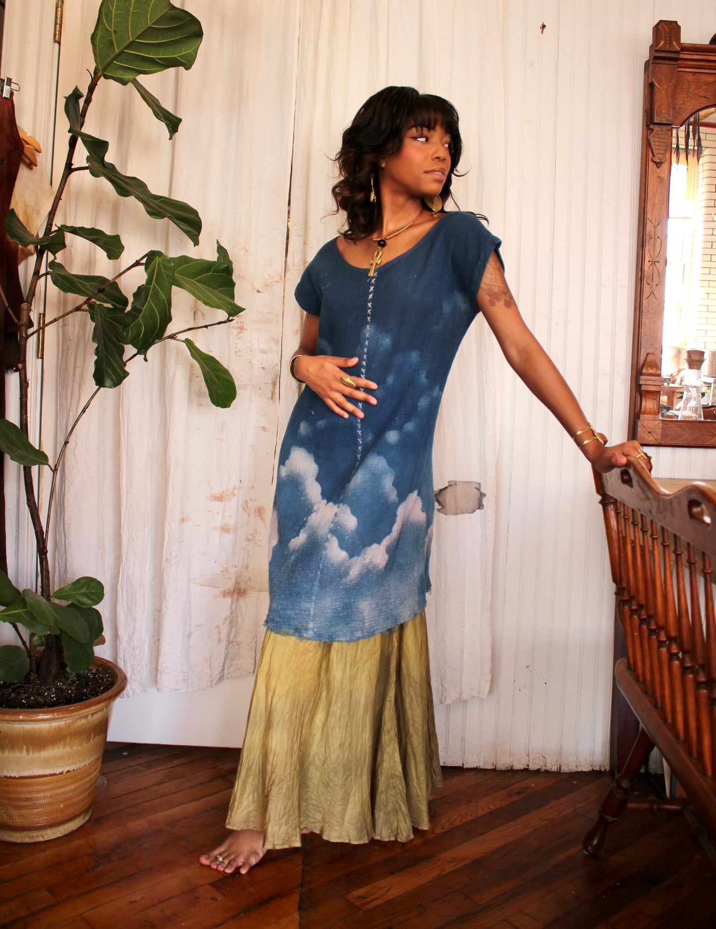 SMALL - Organic Indigo sky/Clouds Plant dyed Cotton gauze T-shirt dress Tunic