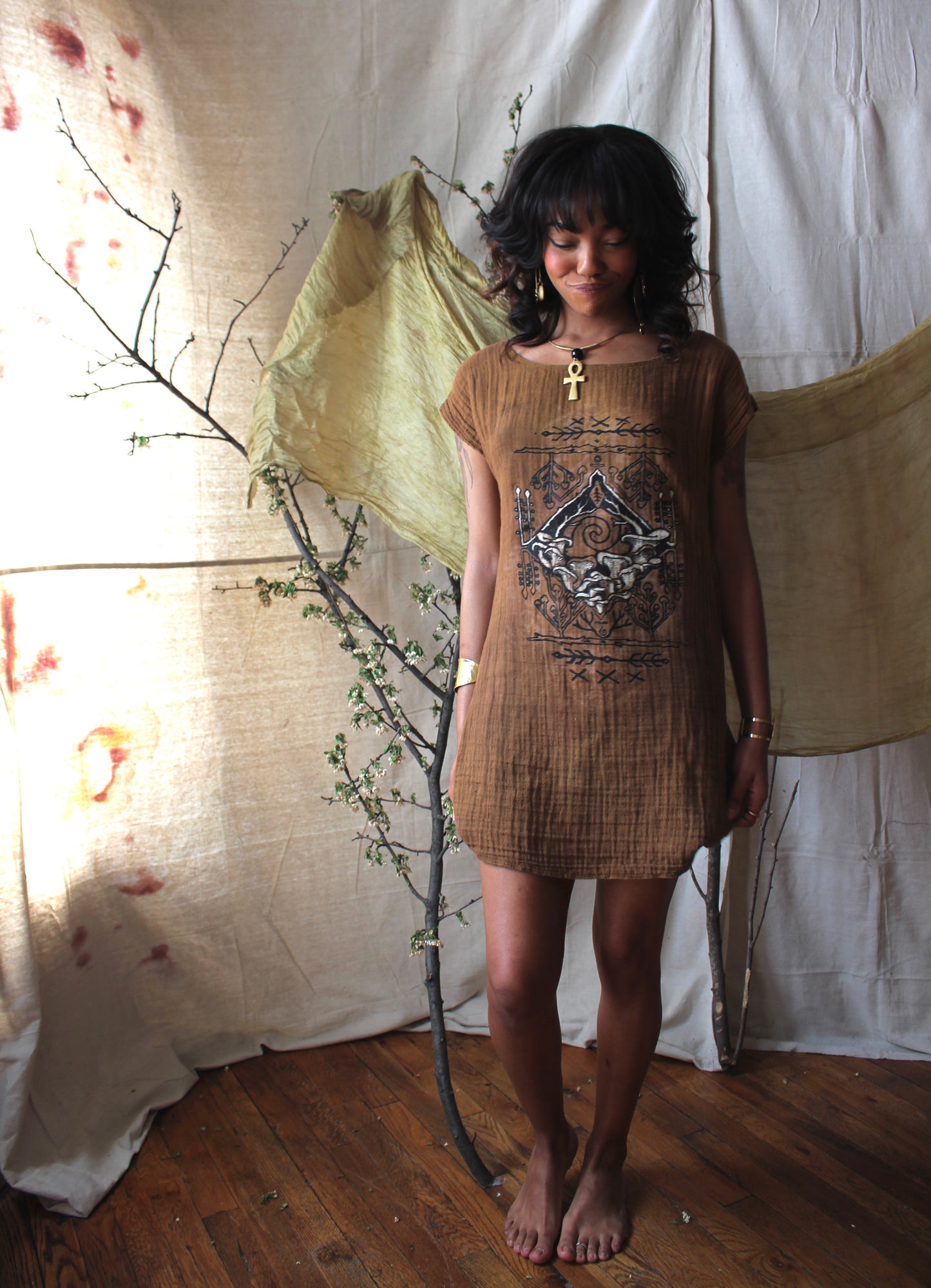 Small - Bronze/Mustard Mushroom Connection Mini T-shirt dress tunic - Organic Cotton Gauze