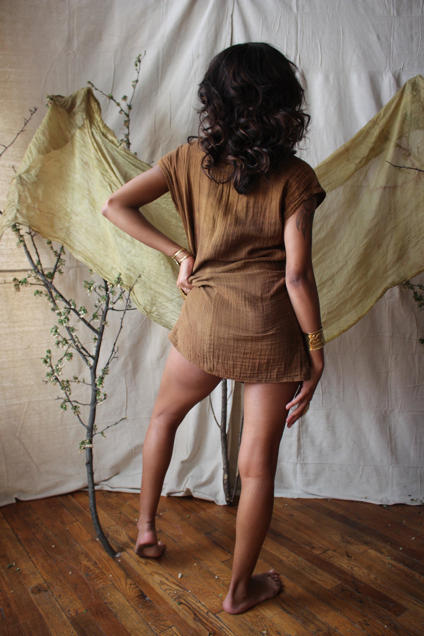 Small - Bronze/Mustard Mushroom Connection Mini T-shirt dress tunic - Organic Cotton Gauze