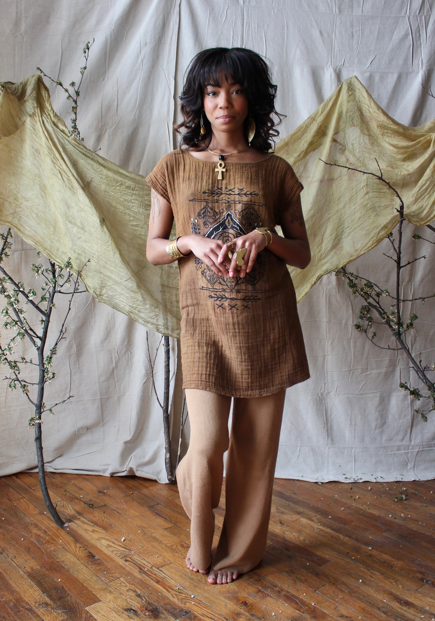 Small - Bronze/Mustard Mushroom Connection Mini T-shirt dress tunic - Organic Cotton Gauze