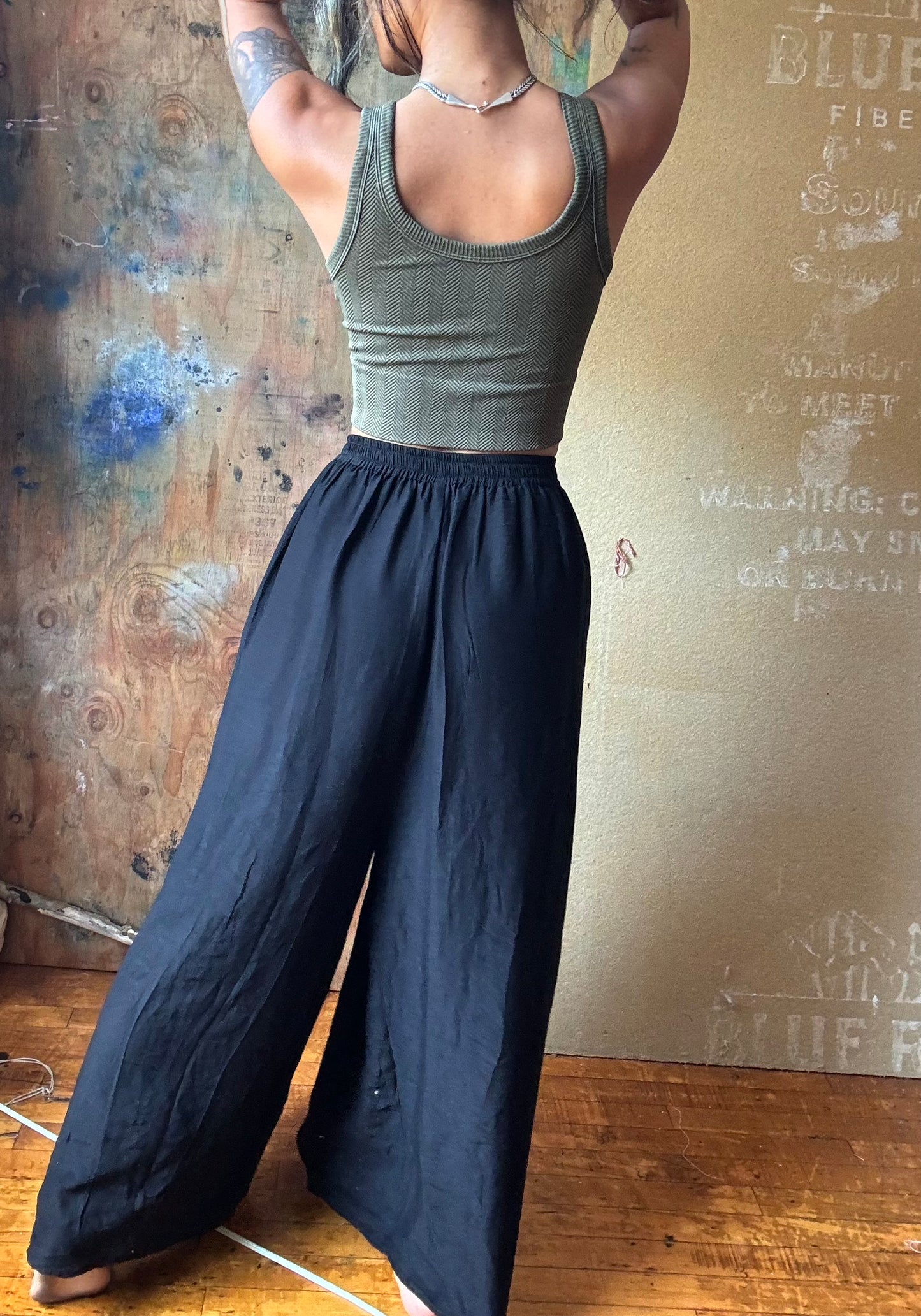 RTS Black Scallop flow pants --  Soft Silk/Linen- Made in Vietnam