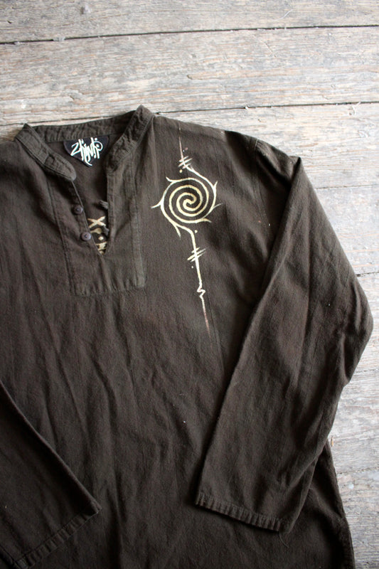 Small- Dark Brown Cotton Flower Clothing Mens Tunic top- Connection design