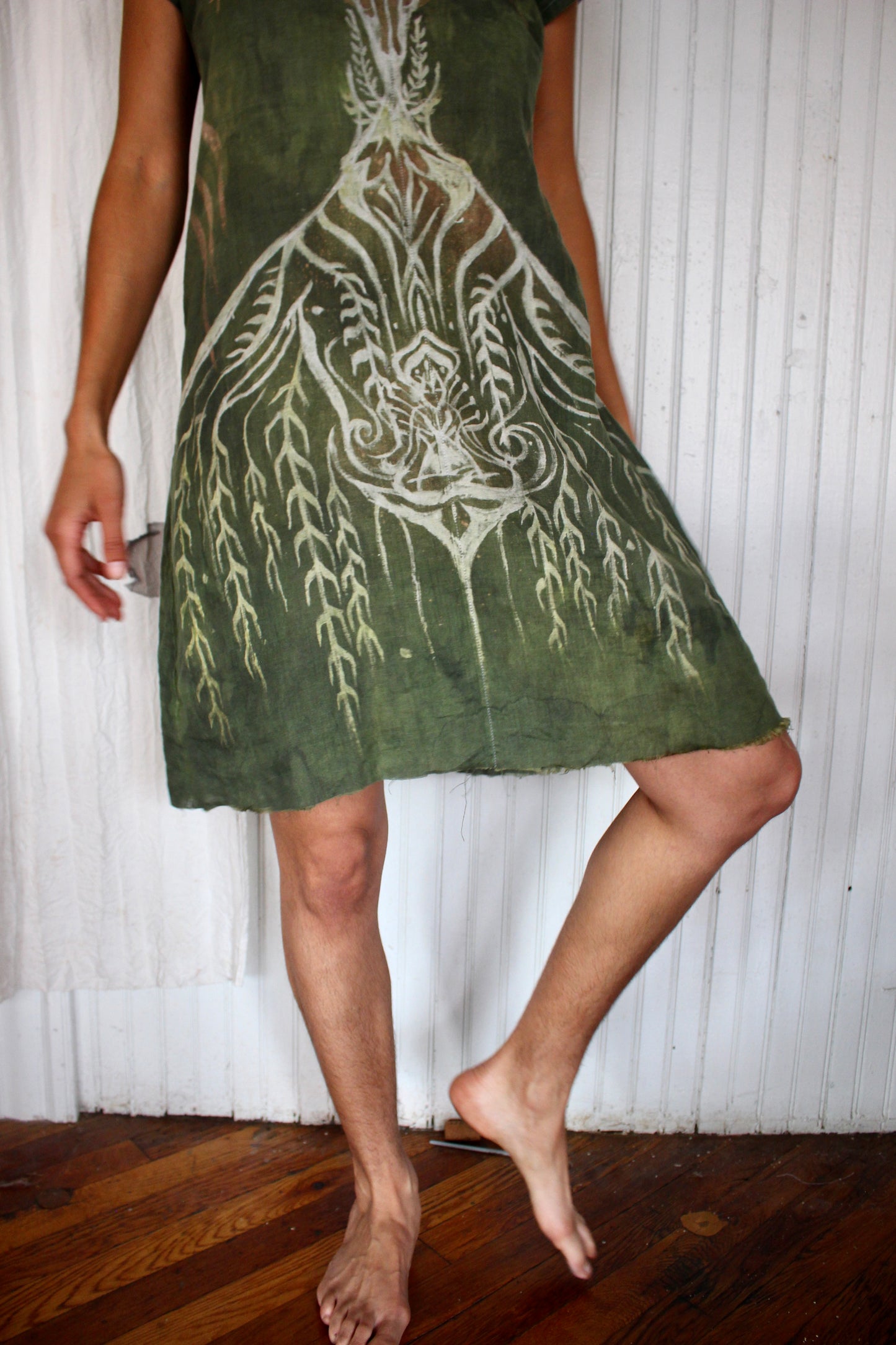 S/M - As above so below- Hand painted freehand Green organic linen tunic dress