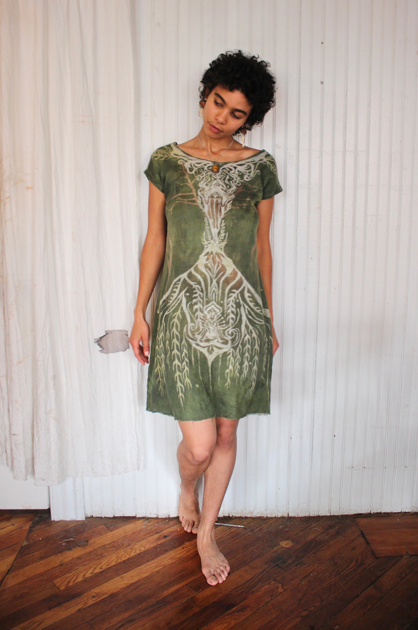 S/M - As above so below- Hand painted freehand Green organic linen tunic dress