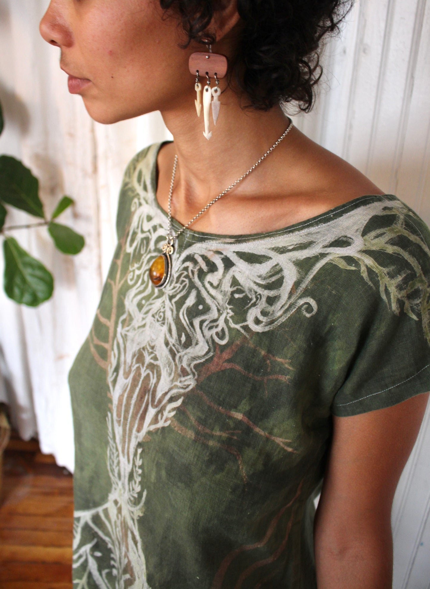 S/M - As above so below- Hand painted freehand Green organic linen tunic dress